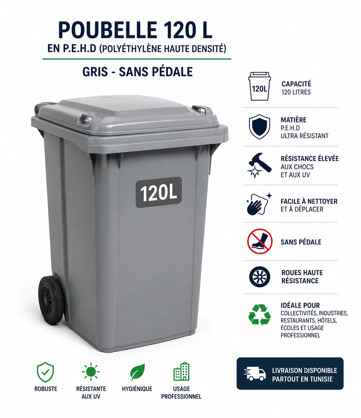 Poubelle 120L sans pédale gris