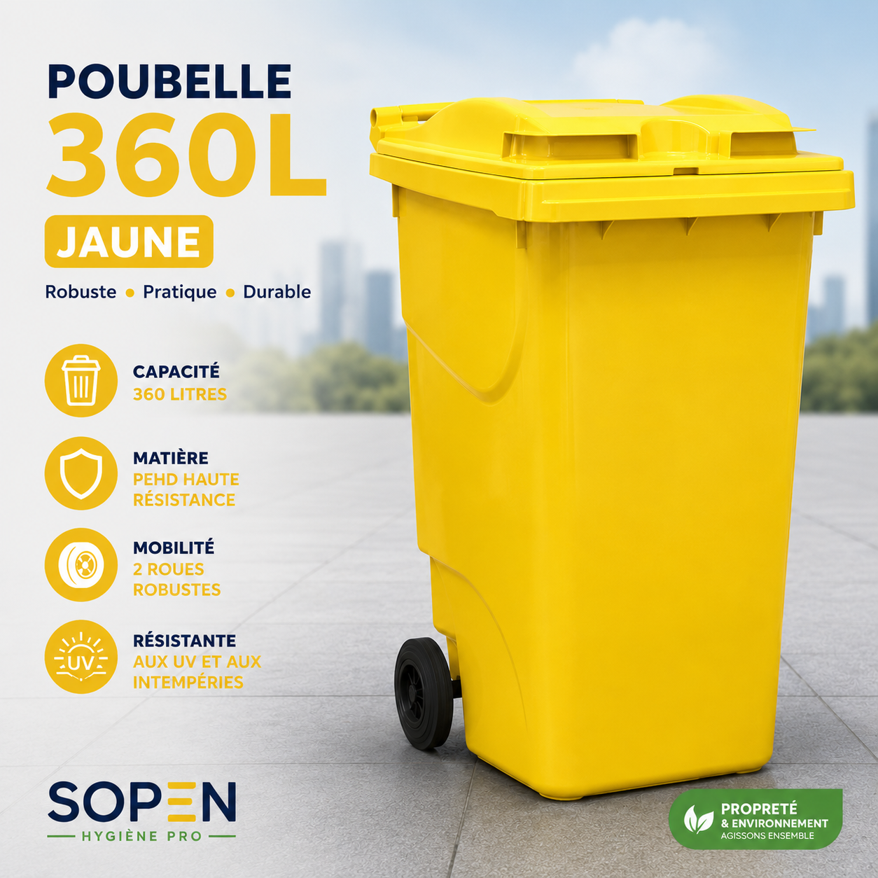 Conteneur Poubelle 360L en P.E.H.D 2 Roues Jaune